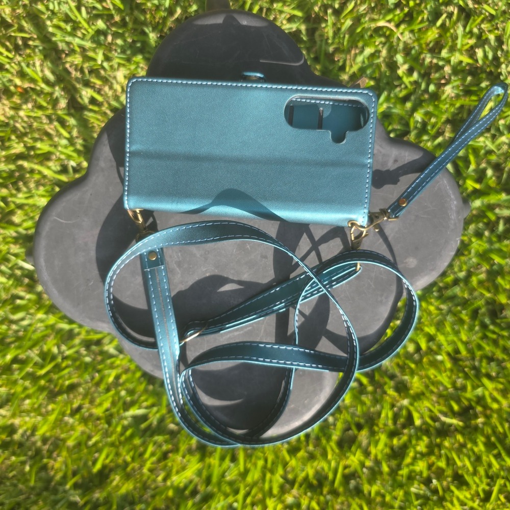 Metallic Teal Wallet Phone Case Crossbody Wristlet with Card Slots and Zipper